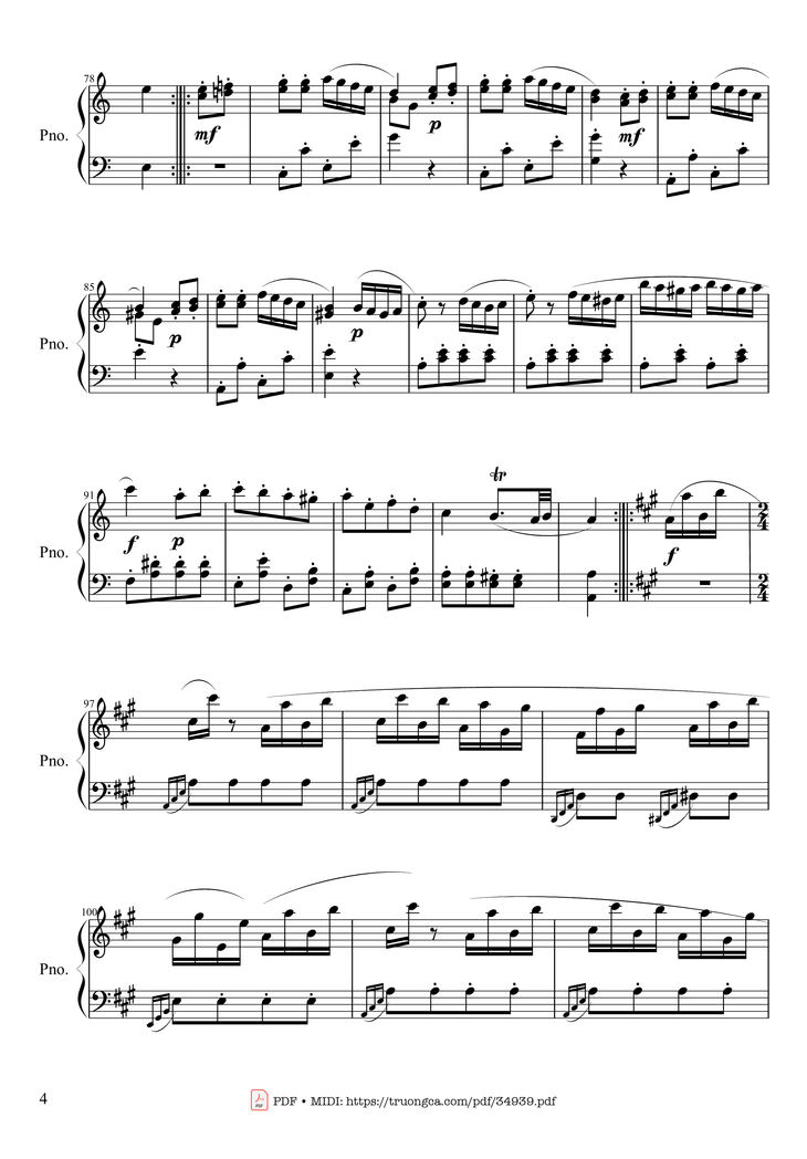 Page 4 of the piano sheet music PDF Piano - Rondo Alla Turca (Turkish March) Piano by Wolfgang Amadeus Mozart