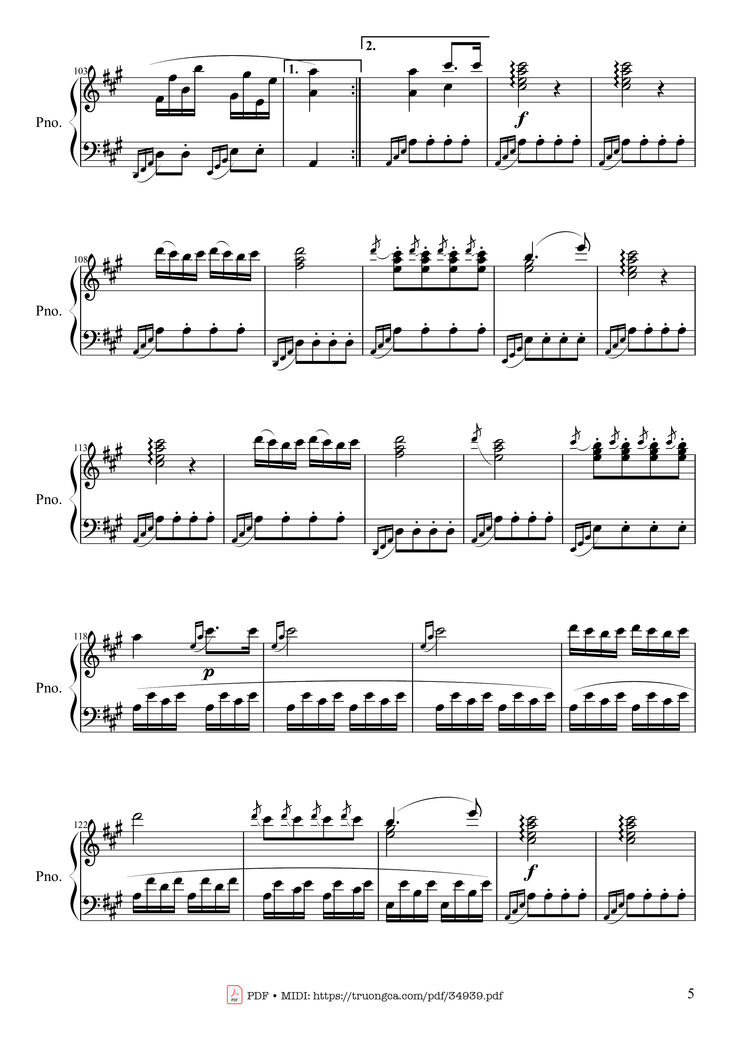 Page 5 of the piano sheet music PDF Piano - Rondo Alla Turca (Turkish March) Piano by Wolfgang Amadeus Mozart