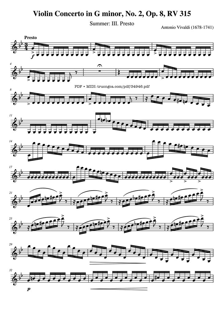 Page 1 of the piano sheet music PDF - Violin Concerto in G minor, No. 2, Op. 8, RV 315 by Antonio Vivaldi