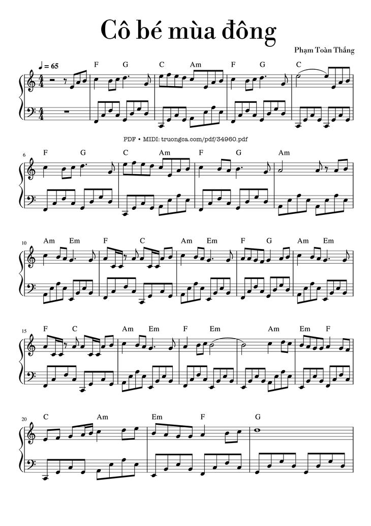 Page 1 of the piano sheet music PDF Piano - Cô bé mùa đông Piano by Phạm Toàn Thắng