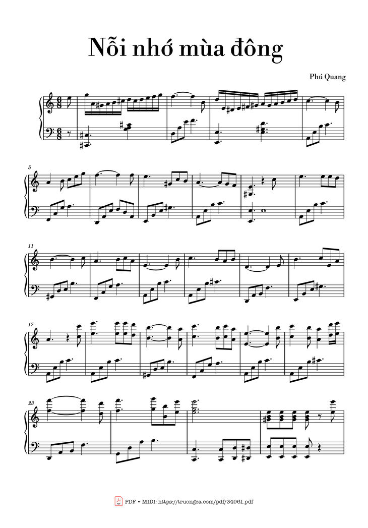 Page 1 of the piano sheet music PDF Piano - Nỗi nhớ mùa đông Piano by Phú Quang