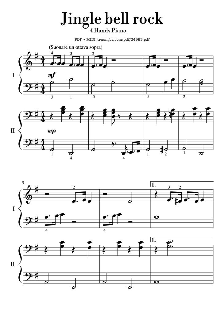 Page 1 of the piano sheet music PDF Piano - Jingle bell rock Piano 4 Hands EASY by Joseph Carleton Beal