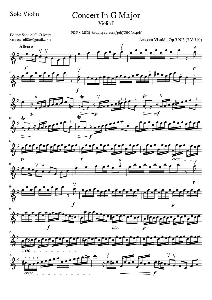 Page 1 of the piano sheet music PDF - Concerto In G Major (RV 310) Violin by Antonio Vivaldi