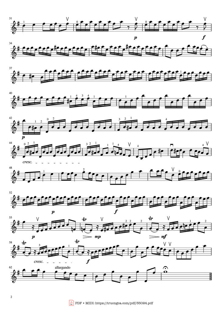 Page 2 of the piano sheet music PDF - Concerto In G Major (RV 310) Violin by Antonio Vivaldi