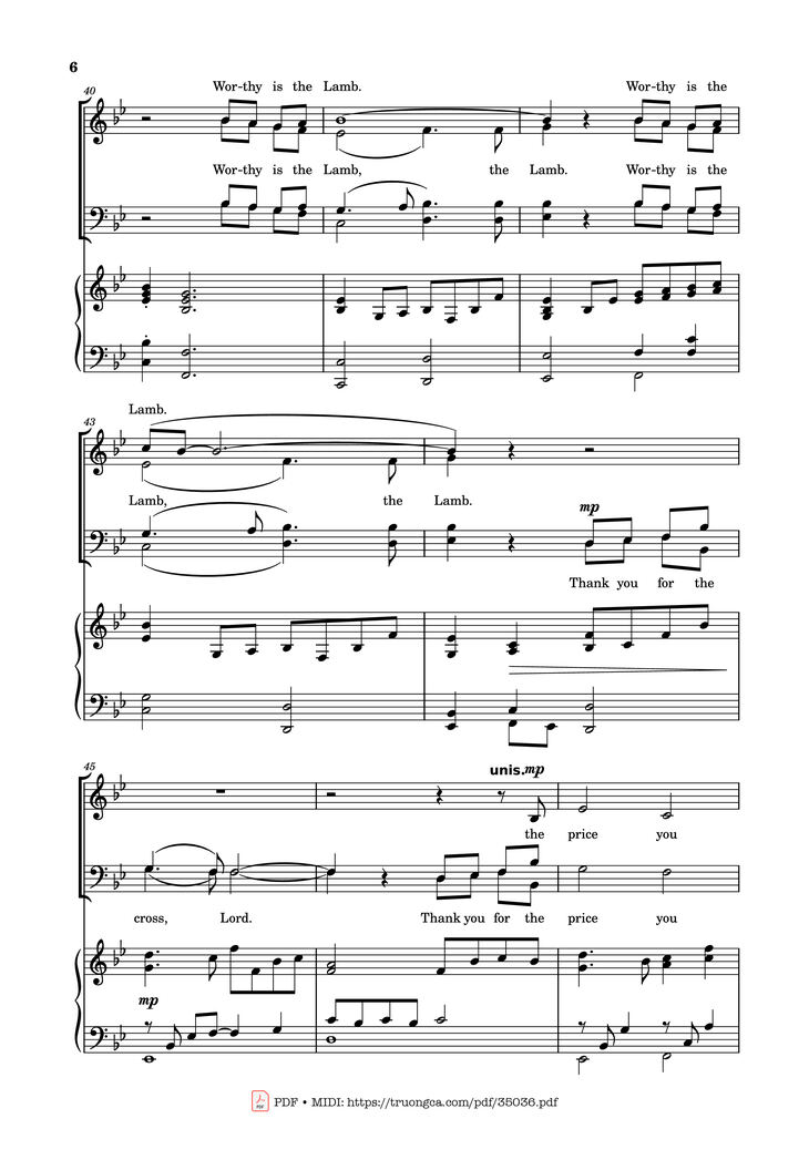 Page 6 of the piano sheet music PDF Piano - Worthy is the Lamb Piano by DARLENE ZSCHECH