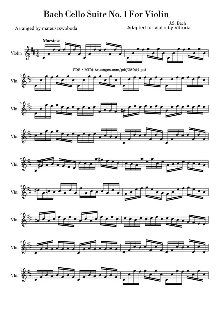 Page 1 of the piano sheet music PDF - Bach Cello Suite No. 1 For Violin by J.S. Bach