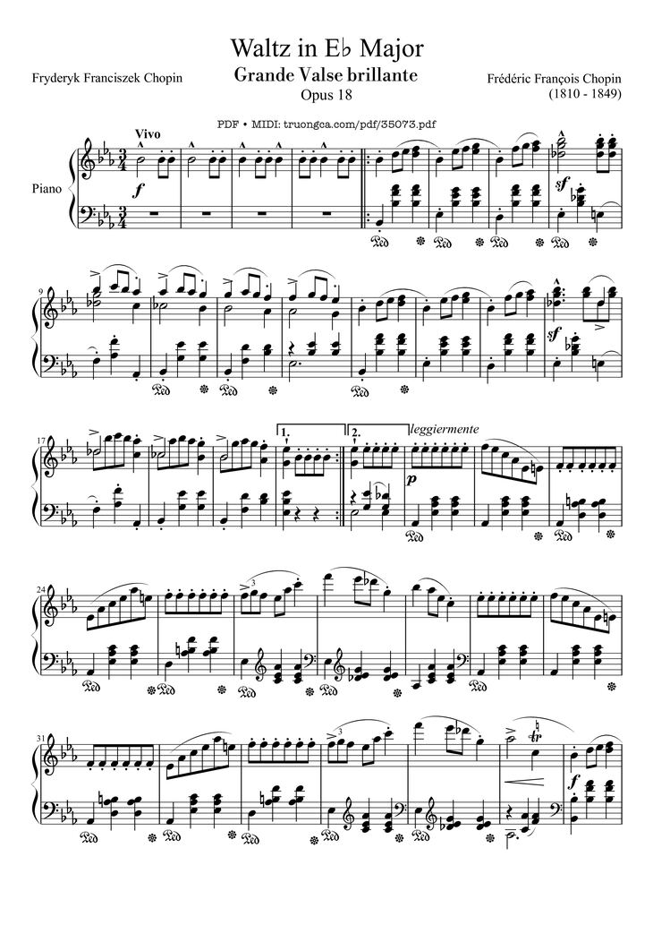 Page 1 of the piano sheet music PDF Piano - Waltz in E♭ Major, Grande Valse brillante Piano by Frédéric François Chopin