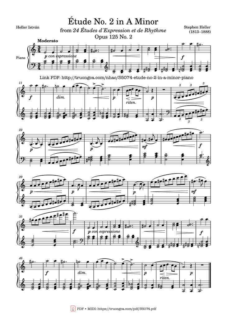 Page 1 of the piano sheet music PDF Piano - Étude No. 2 in A Minor Piano by Stephen Heller