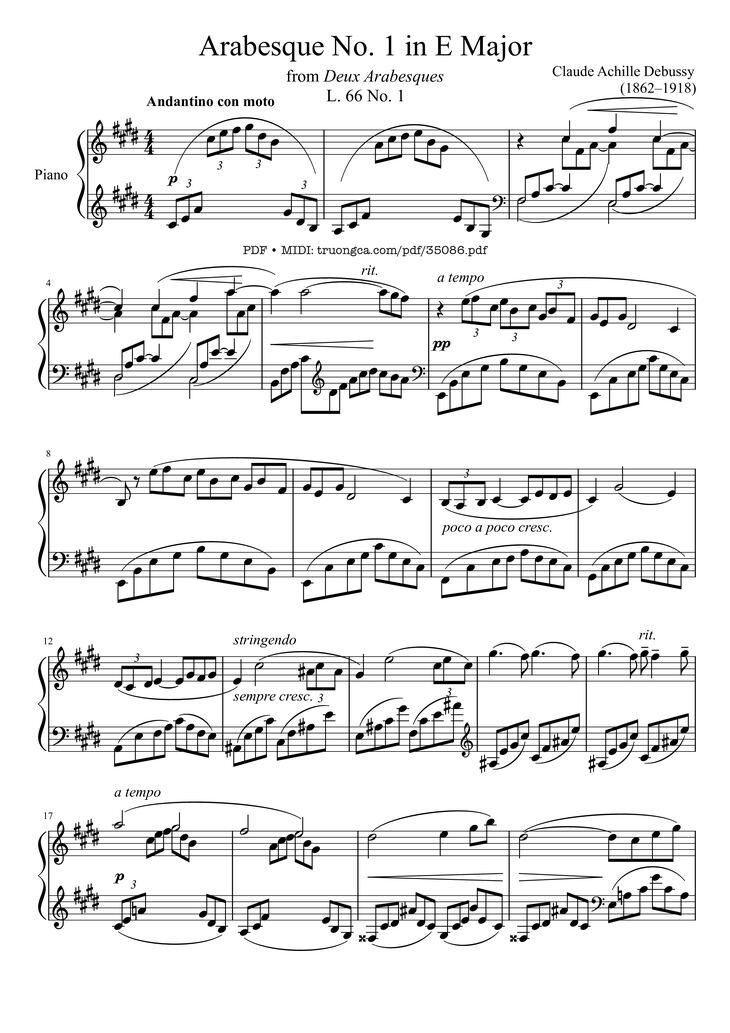 Page 1 of the piano sheet music PDF - Arabesque L. 66 No. 1 in E Major by Claude Achille Debussy