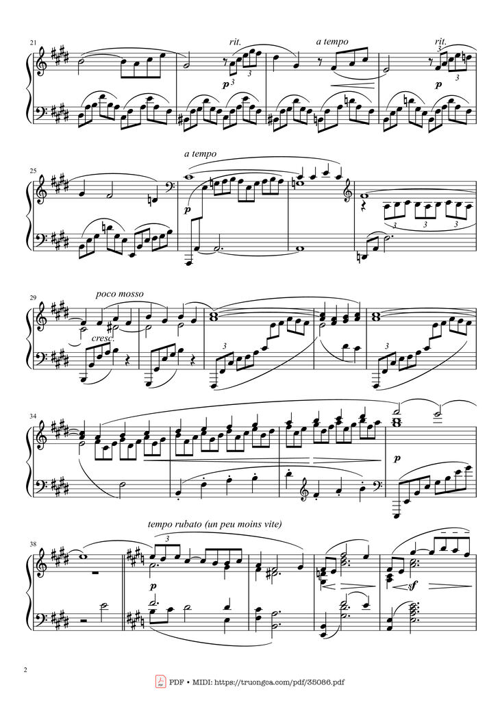 Page 2 of the piano sheet music PDF - Arabesque L. 66 No. 1 in E Major by Claude Achille Debussy