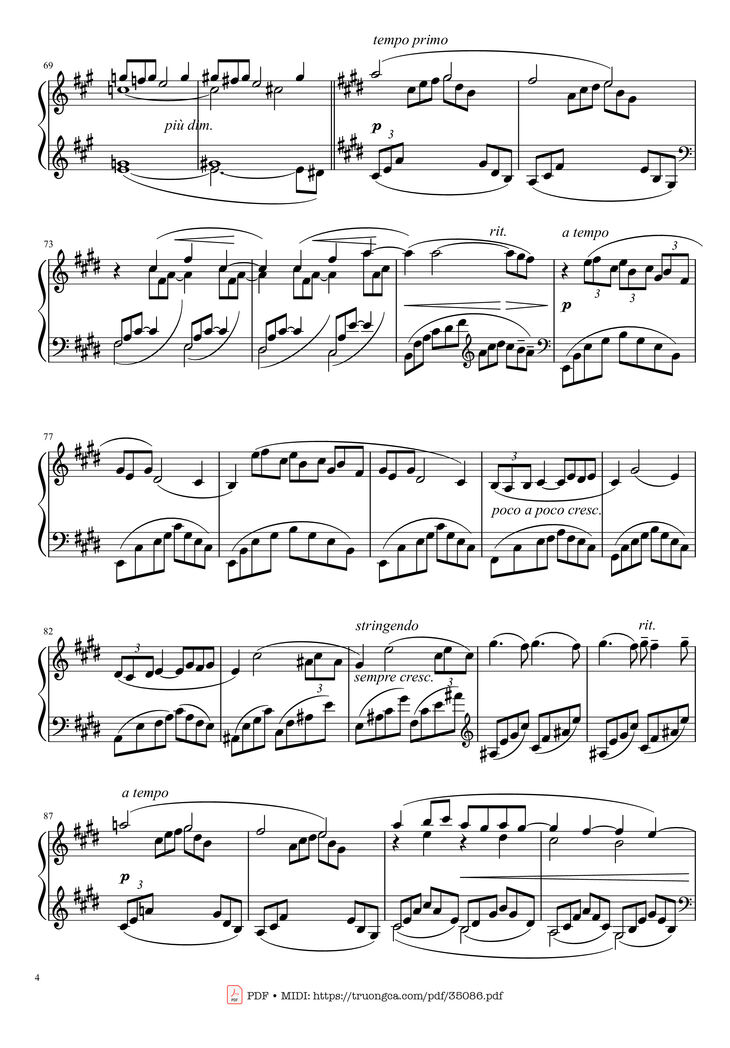 Page 4 of the piano sheet music PDF - Arabesque L. 66 No. 1 in E Major by Claude Achille Debussy