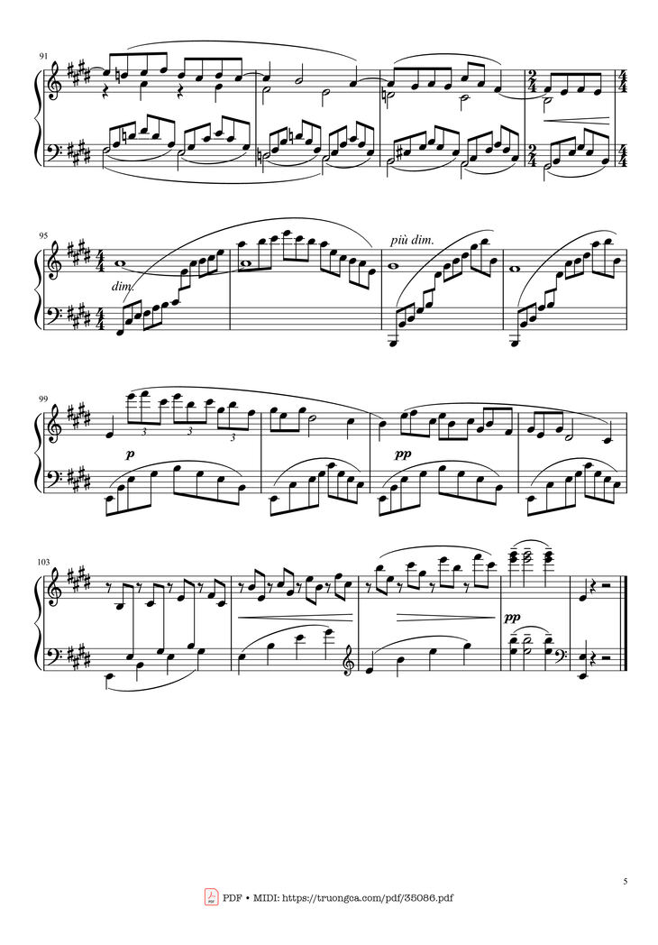 Page 5 of the piano sheet music PDF - Arabesque L. 66 No. 1 in E Major by Claude Achille Debussy