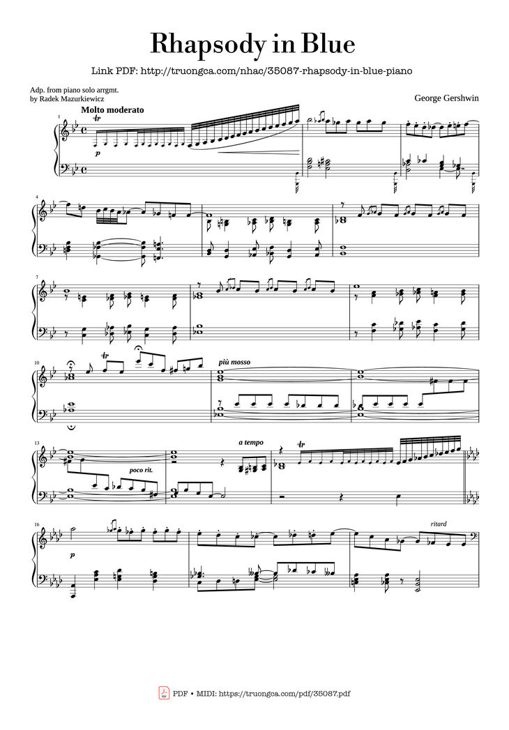 Page 1 of the piano sheet music PDF Piano - Rhapsody in Blue Piano by George Gershwin
