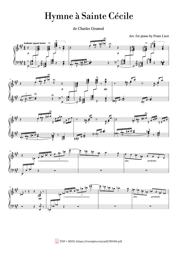 Page 1 of the piano sheet music PDF Piano - Hymne à Sainte Cécile Piano Solo by Franz Liszt
