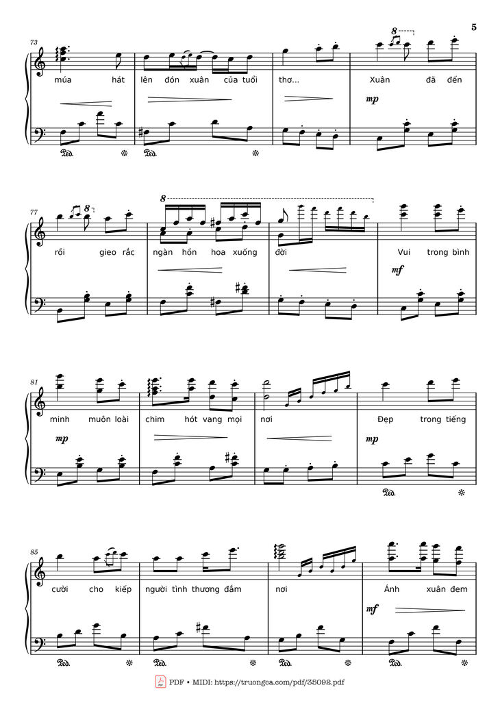 Page 5 of the piano sheet music PDF Piano - Đón xuân Piano by Phạm Đình Chương
