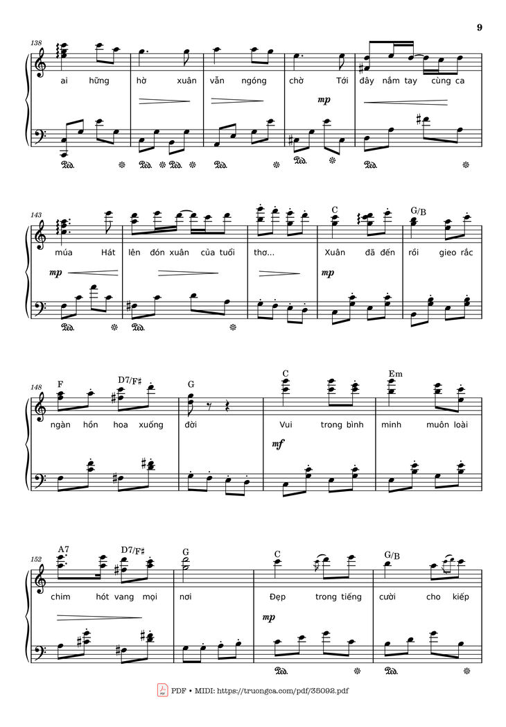 Page 9 of the piano sheet music PDF Piano - Đón xuân Piano by Phạm Đình Chương