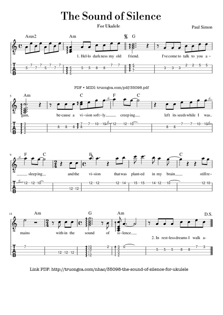 Page 1 of the piano sheet music PDF - The Sound of Silence for Ukulele by Paul Simon