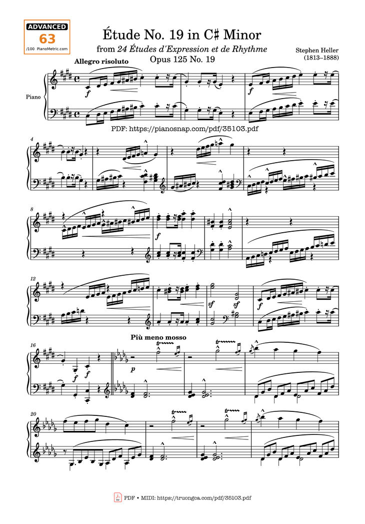 Page 1 of the piano sheet music PDF Piano - Étude No. 19 in C♯ Minor Piano by Stephen Heller