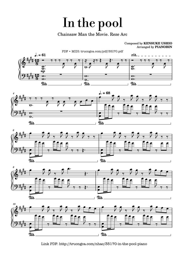 Page 1 of the piano sheet music PDF Piano - In the pool, Chainsaw Man, Reze Arc OST by Kensuke Ushio