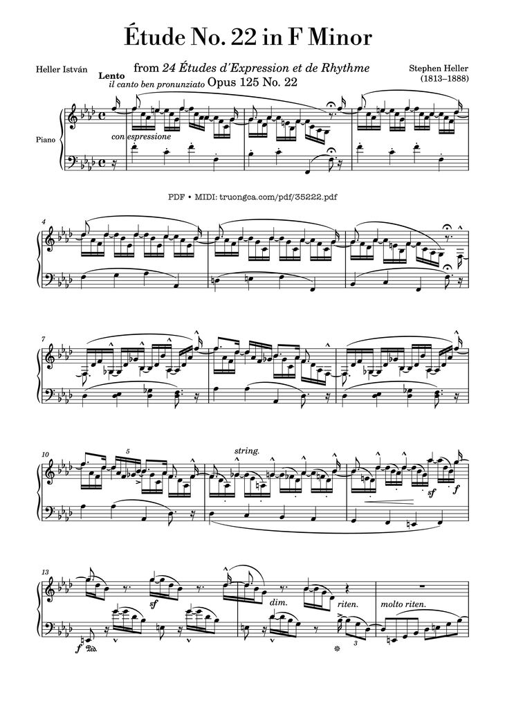 Page 1 of the piano sheet music PDF Piano - Étude No. 22 in F Minor Piano by Stephen Heller