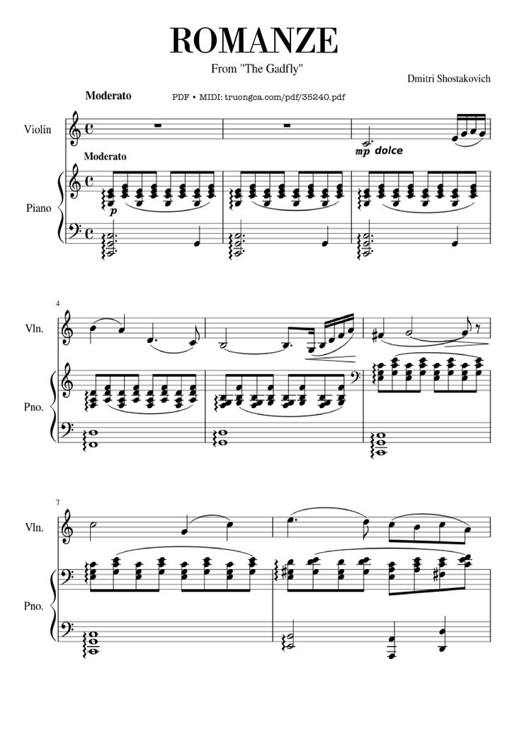 Page 1 of the piano sheet music PDF Piano - Shostakovich Romance (From The Gadfly) Piano & Violin by Dmitri Shostakovich