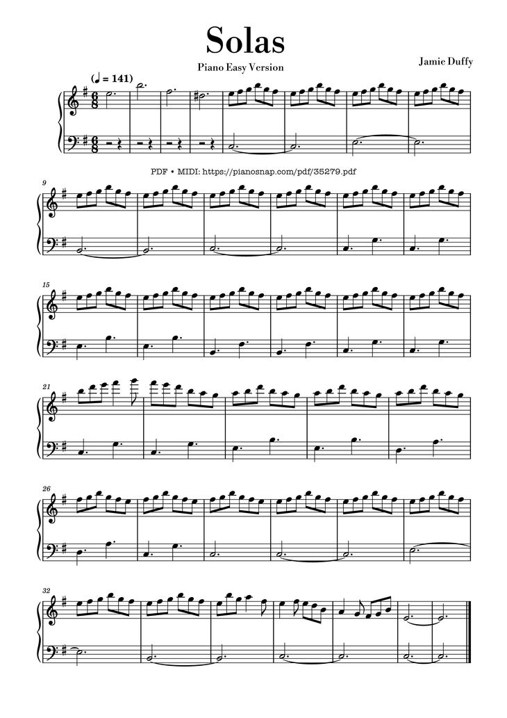 Page 1 of the piano sheet music PDF Piano - Solas - Jamie Duffy Piano EASY by Jamie Duffy