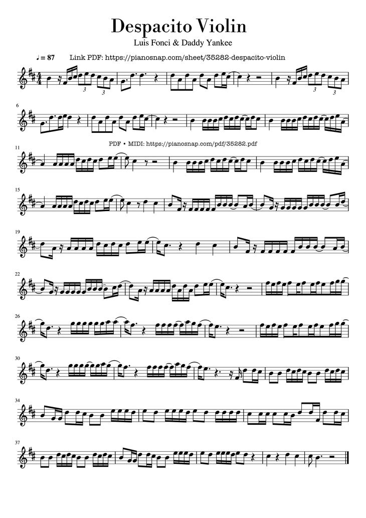 Page 1 of the piano sheet music PDF - Despacito Violin by Luis Fonsi