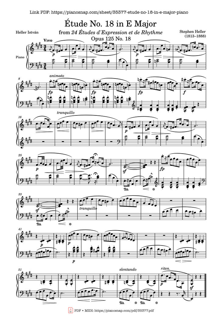 Page 1 of the piano sheet music PDF Piano - Étude No. 18 in E Major Piano by Stephen Heller