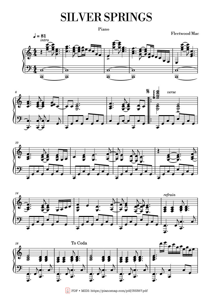Page 1 of the piano sheet music PDF Piano - Silver Springs Piano by Fleetwood Mac