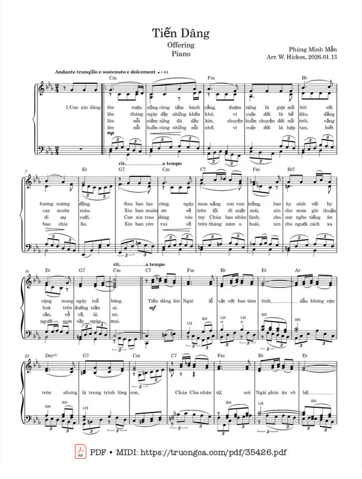 Page 1 of the piano sheet music PDF - Tiến Dâng Piano by Phùng Minh Mẫn