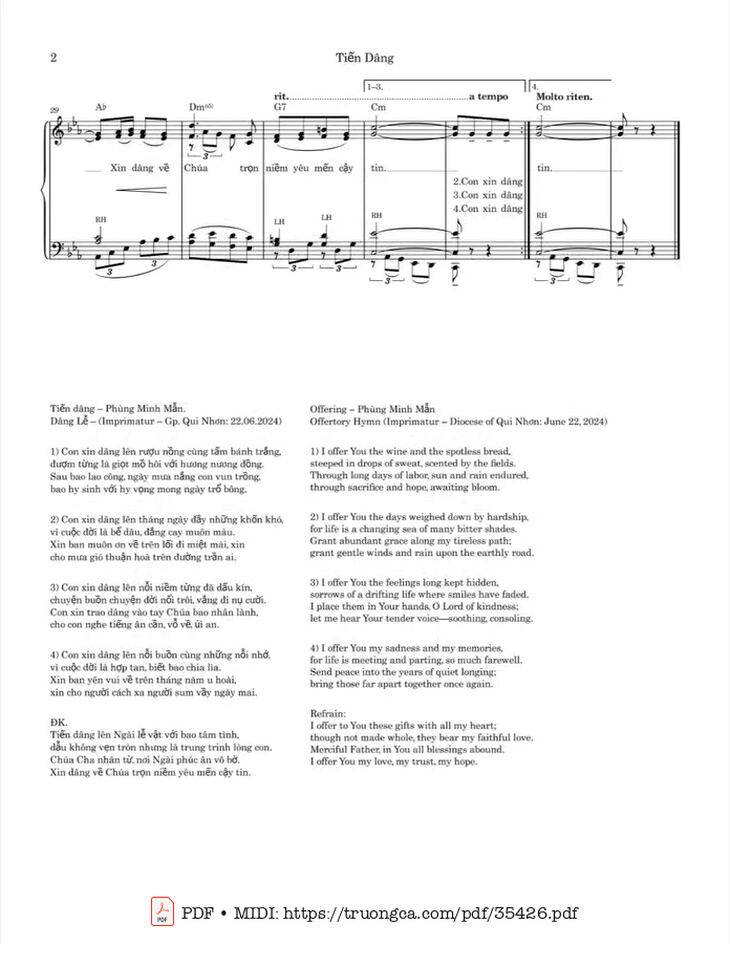Page 2 of the piano sheet music PDF - Tiến Dâng Piano by Phùng Minh Mẫn