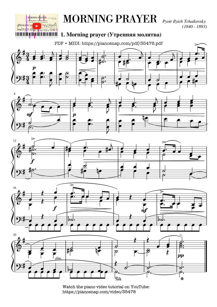Page 1 of the piano sheet music PDF Piano - Tchaikovsky Morning prayer Piano by Pyotr Ilyich Tchaikovsky
