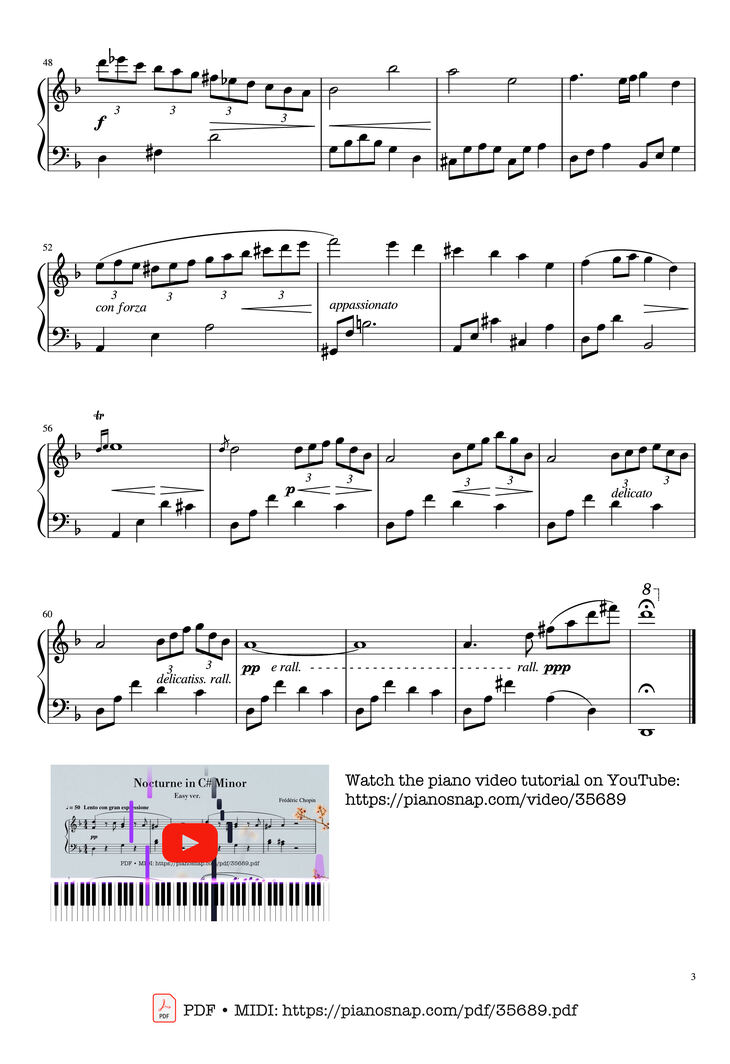 Page 3 of the piano sheet music PDF Piano - Nocturne in C sharp Minor Piano EASY by Frédéric Chopin