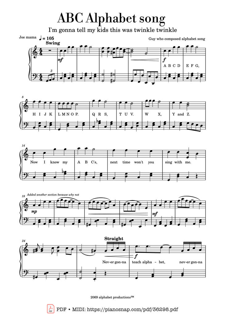 Sheet music preview — Alphabet Song But Better Piano