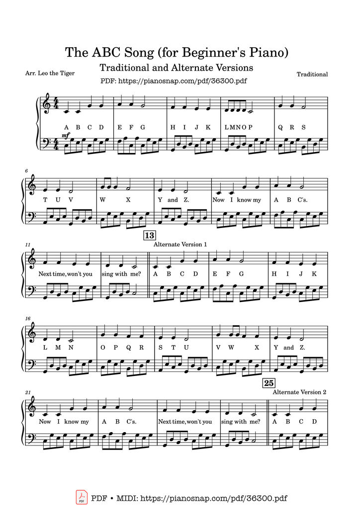 Sheet music preview — The Abc Song For Beginner S Piano