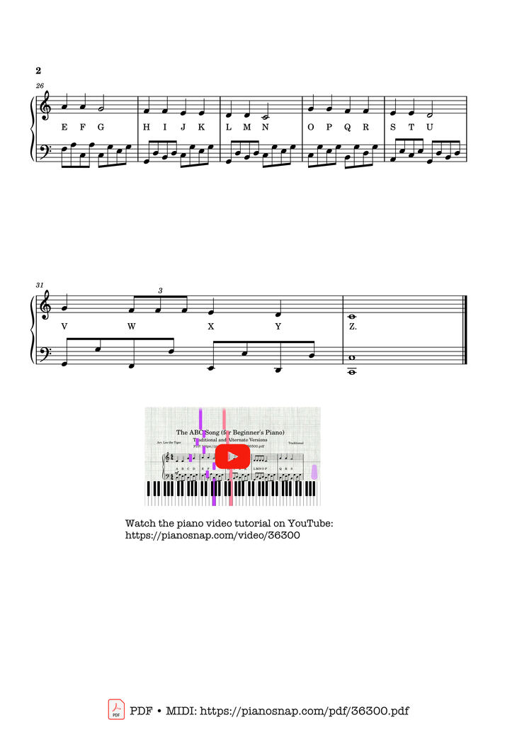 Page 2 of the piano sheet music PDF Piano - The ABC Alphabet Song (Variations) for Beginner