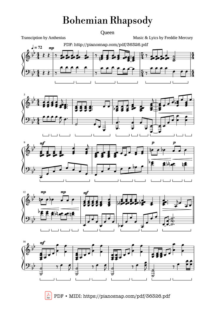 Sheet music preview — Bohemian Rhapsody Queen Transciption By Anthenius Music Lyics By Freddie Mercury Piano