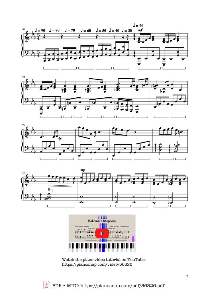 Page 9 of the piano sheet music PDF Piano - Bohemian Rhapsody - Queen by Queen