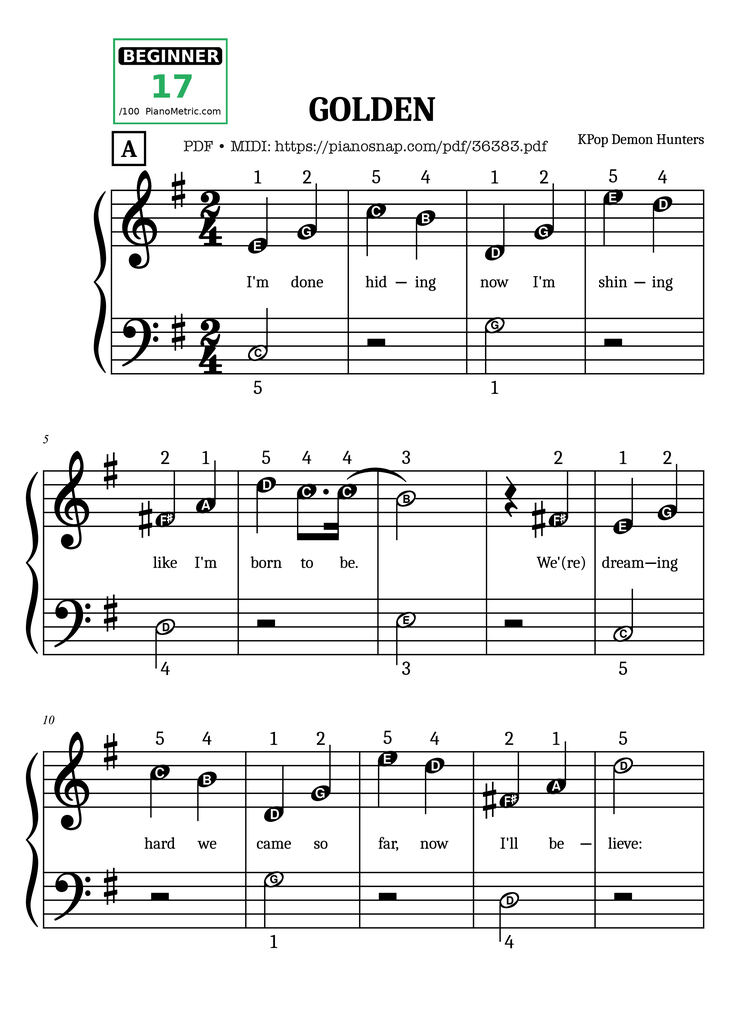 Page 1 of the piano sheet music PDF Piano - Golden (KPop Demon Hunters) Simplified Piano by KPop Demon Hunters