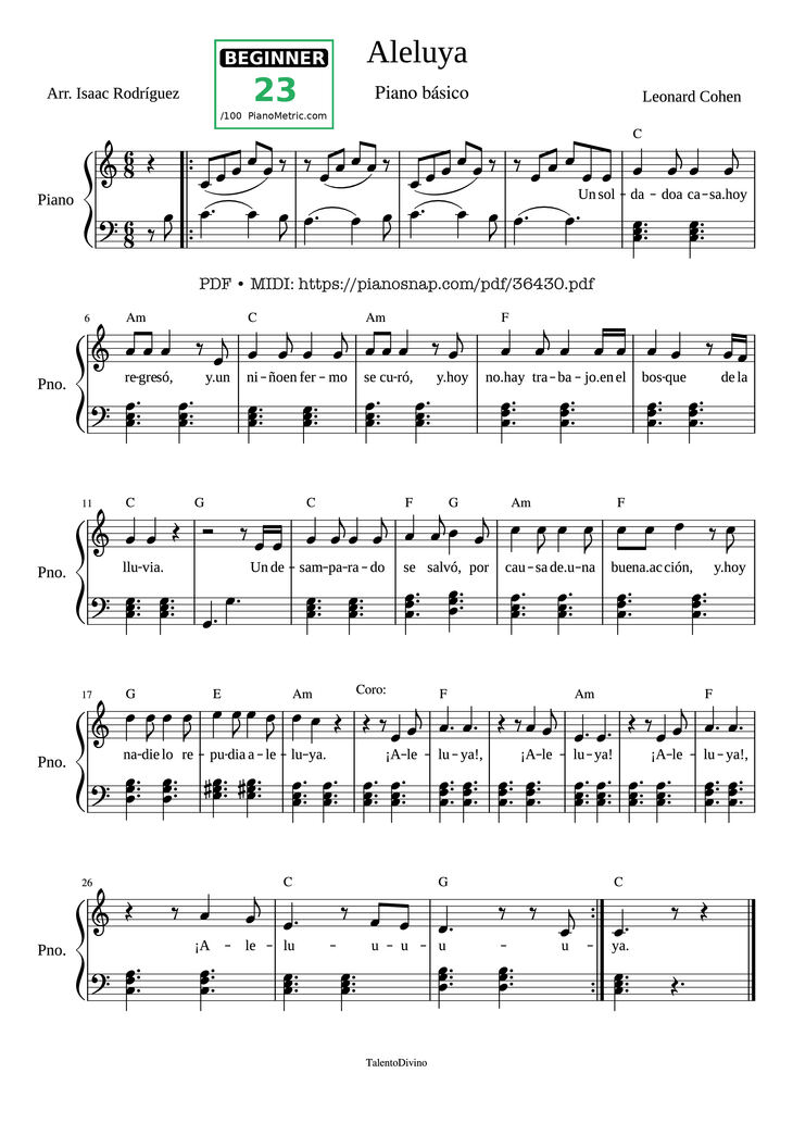 Page 1 of the piano sheet music PDF Piano - Aleluya (Shrek ver.) piano by Leonard Cohen