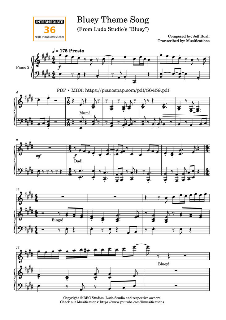 Sheet music - Ludo Studio's Bluey Theme Song Piano page 1