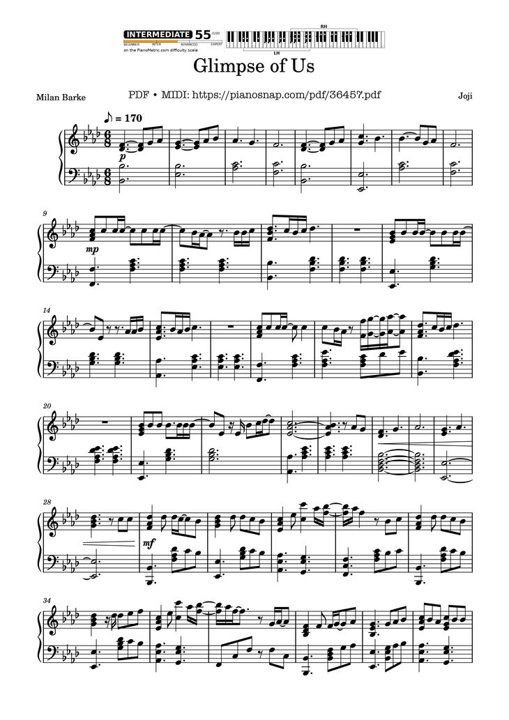 Page 1 of the piano sheet music PDF Piano - Glimpse of Us Piano by Joji