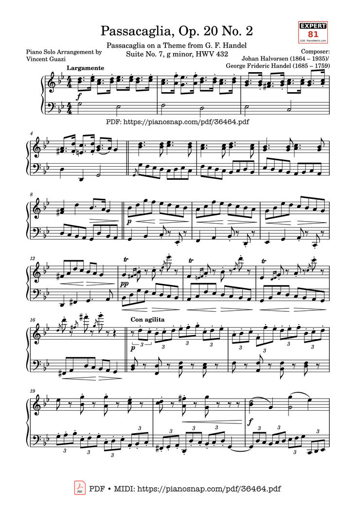 Page 1 of the piano sheet music PDF Piano - Johan Halvorsen Passacaglia, Op. 20 No. 2 (Piano Solo) by Johan Halvorsen