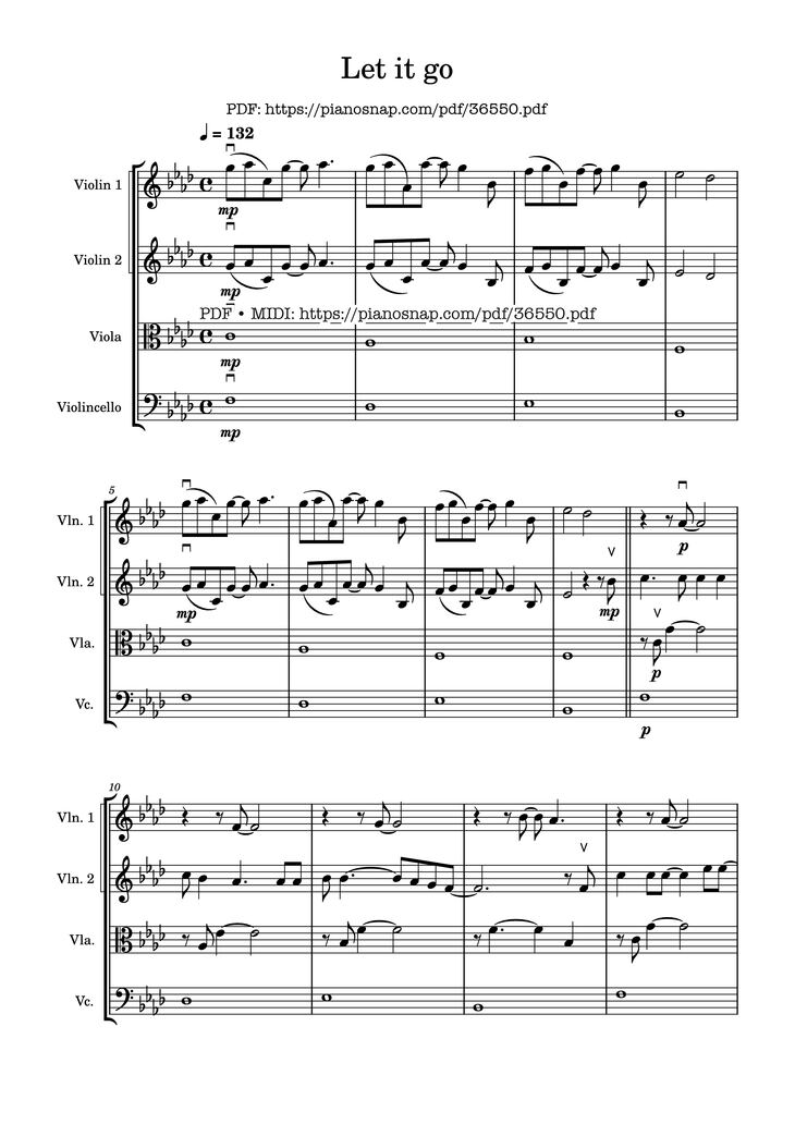 Page 1 of the piano sheet music PDF - Let It Go - string quartet Violin by Walt Disney