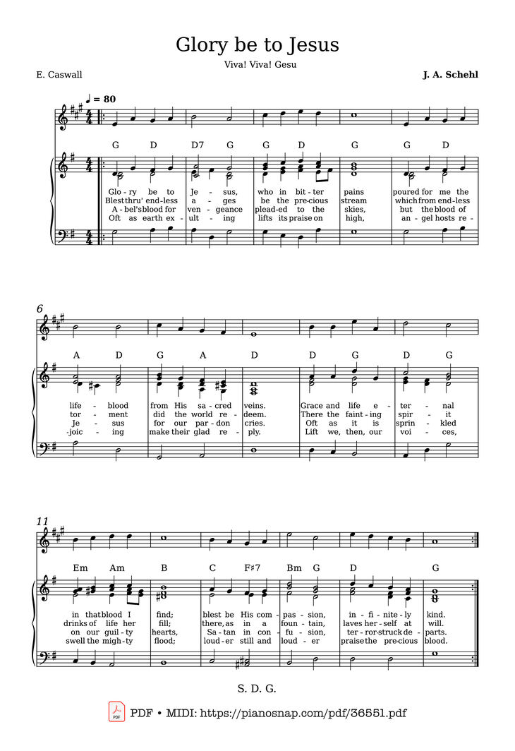 Page 1 of the piano sheet music PDF Piano - Glory be to Jesus - Catholic Hymn by J. A. Schehl
