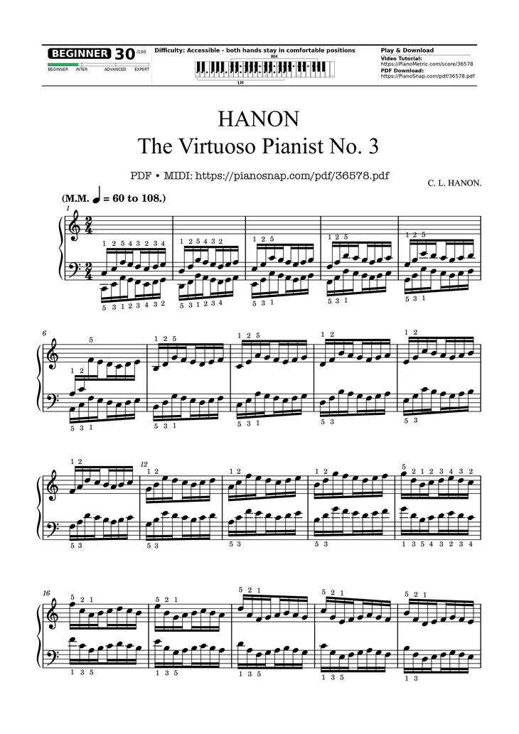 Sheet music - Hanon - The Virtuoso Pianist No. 3 page 1