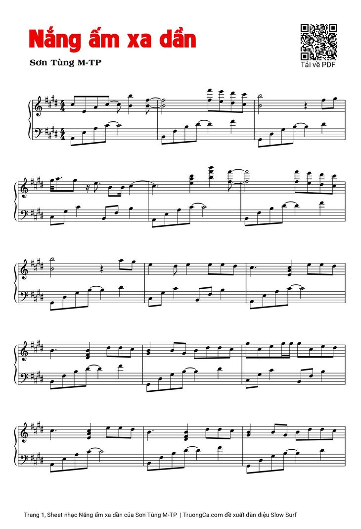 Page 1 of the piano sheet music PDF Piano - Nắng ấm xa dần by Sơn Tùng M-TP