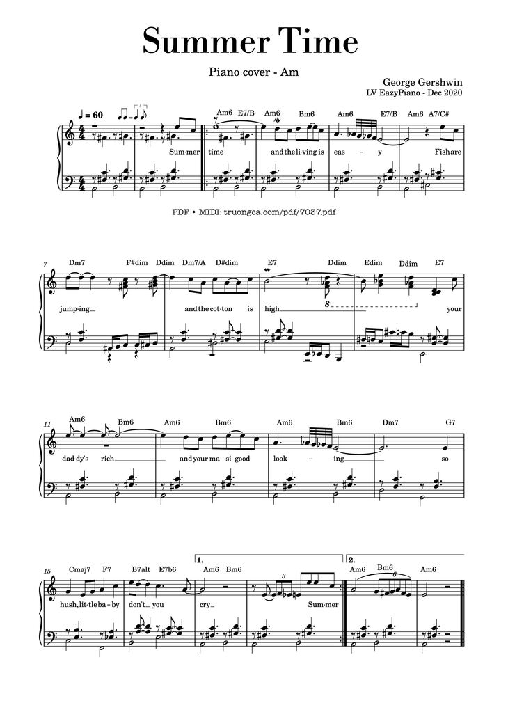 Page 1 of the piano sheet music PDF - Summer Time Piano Cover by George Gershwin