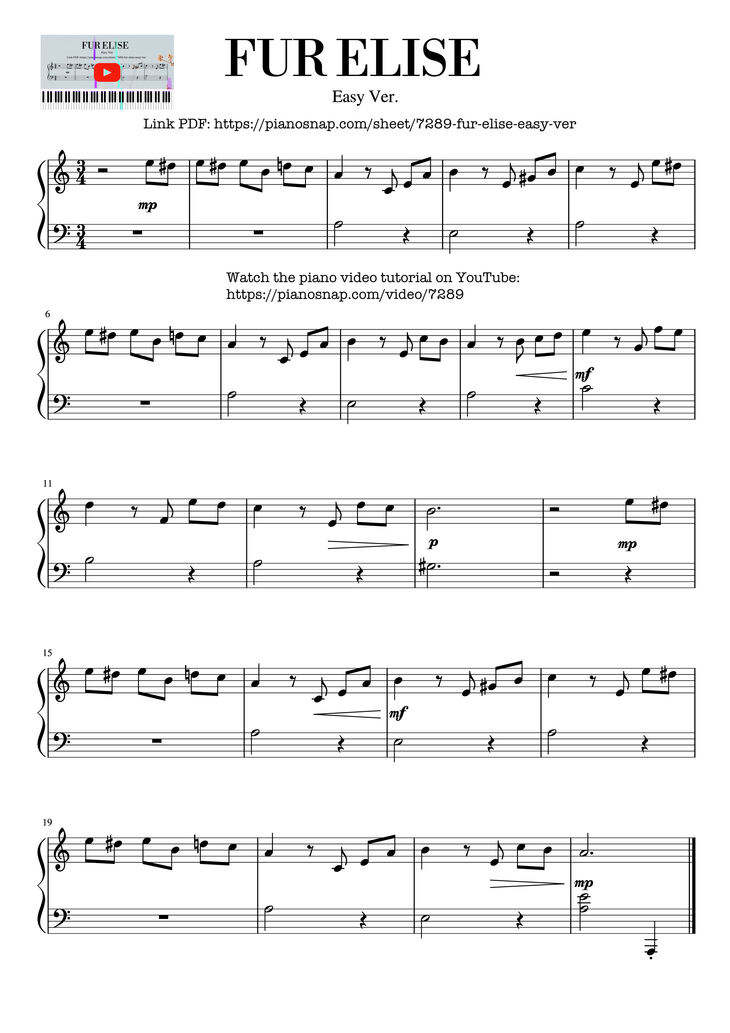 Sheet music preview — Fur Elise Easy Ver