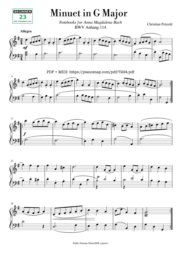Page 1 of the piano sheet music PDF - Minuet in G Major Piano by Johann Sebastian Bach